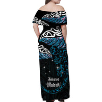 New Zealand Matariki Family Matching Off Shoulder Maxi Dress and Hawaiian Shirt Maori New Year Silver Fern And Lizard - Turquosie LT14 - Polynesian Pride
