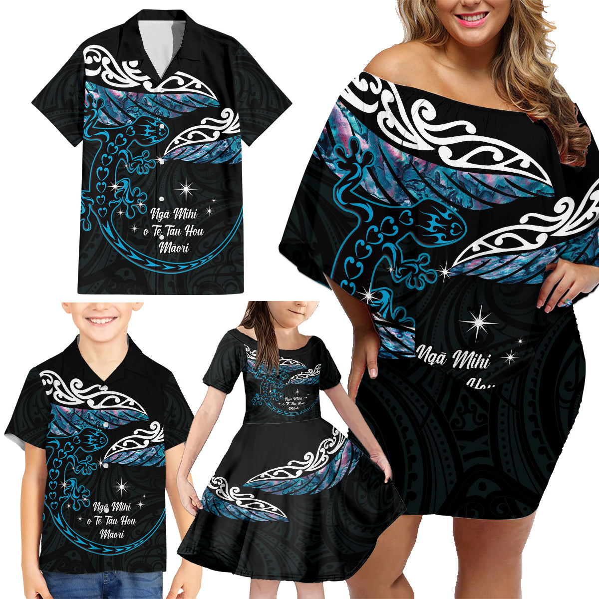 New Zealand Matariki Family Matching Off Shoulder Short Dress and Hawaiian Shirt Maori New Year Silver Fern And Lizard - Turquosie LT14 - Polynesian Pride