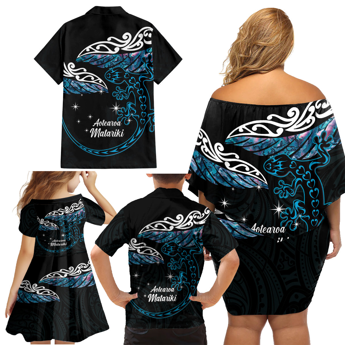 New Zealand Matariki Family Matching Off Shoulder Short Dress and Hawaiian Shirt Maori New Year Silver Fern And Lizard - Turquosie LT14 - Polynesian Pride