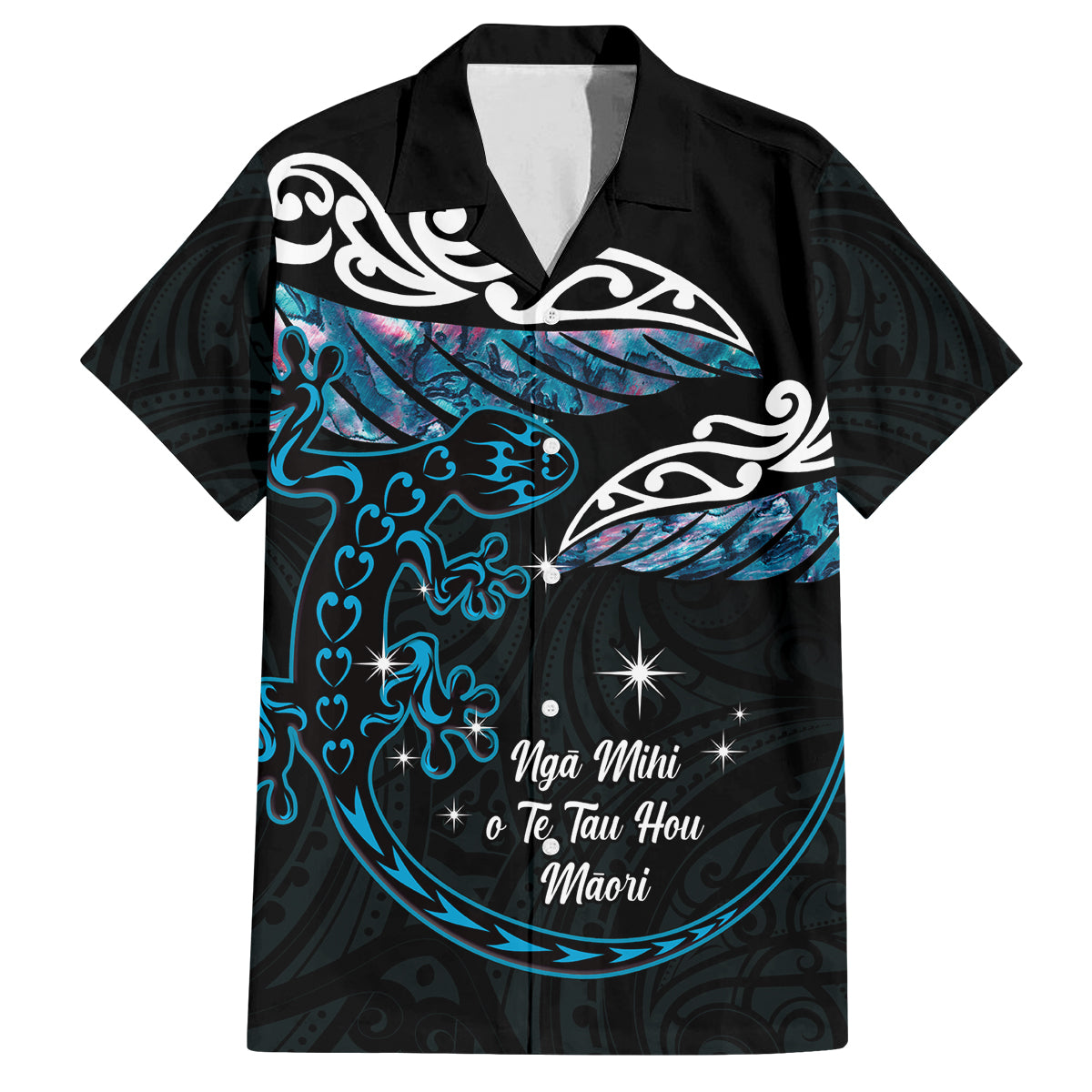 New Zealand Matariki Family Matching Off Shoulder Short Dress and Hawaiian Shirt Maori New Year Silver Fern And Lizard - Turquosie LT14 Dad's Shirt - Short Sleeve Turquoise - Polynesian Pride