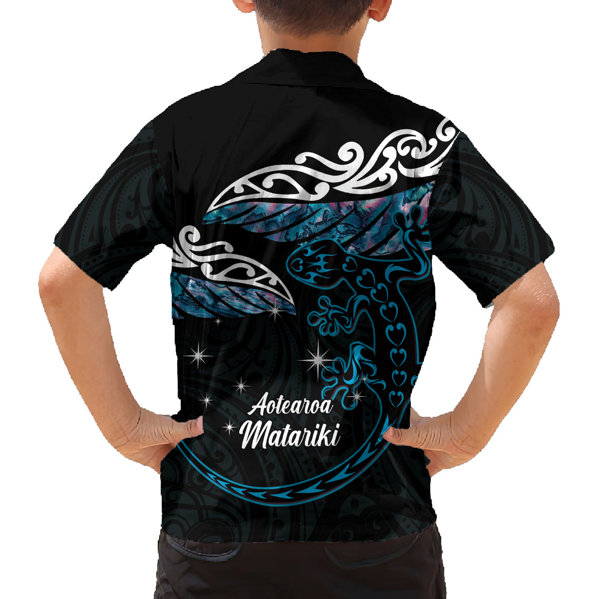 New Zealand Matariki Family Matching Puletasi and Hawaiian Shirt Maori New Year Silver Fern And Lizard - Turquosie LT14 - Polynesian Pride