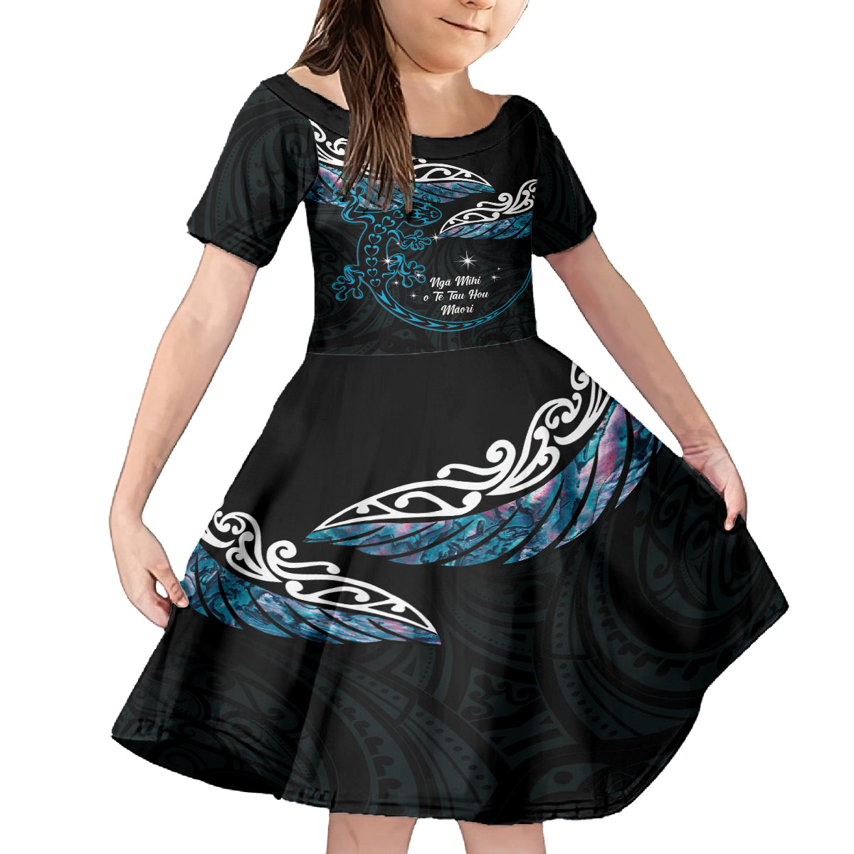 New Zealand Matariki Family Matching Puletasi and Hawaiian Shirt Maori New Year Silver Fern And Lizard - Turquosie LT14 Daughter's Dress Turquoise - Polynesian Pride