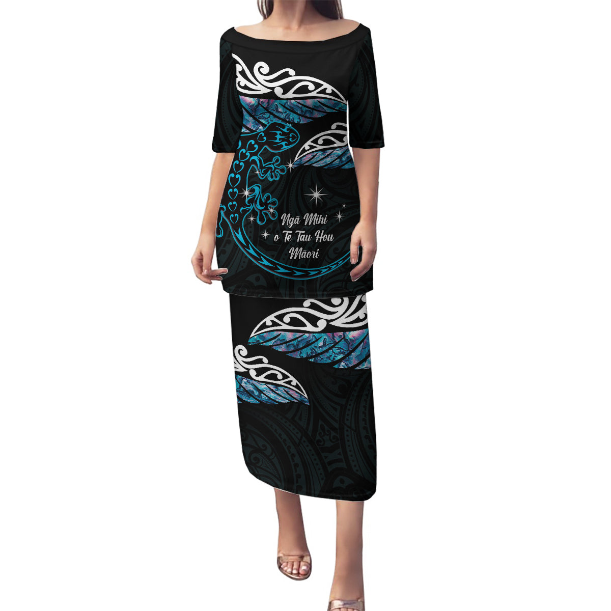 New Zealand Matariki Family Matching Puletasi and Hawaiian Shirt Maori New Year Silver Fern And Lizard - Turquosie LT14 Mom's Dress Turquoise - Polynesian Pride