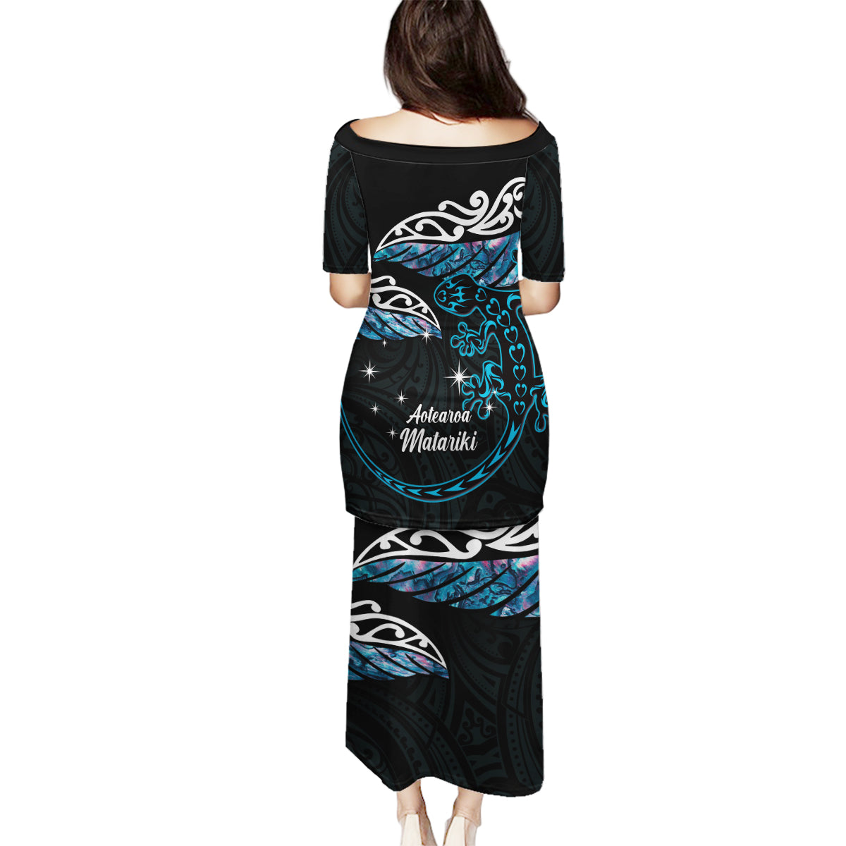 New Zealand Matariki Family Matching Puletasi and Hawaiian Shirt Maori New Year Silver Fern And Lizard - Turquosie LT14 - Polynesian Pride