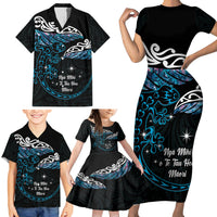 New Zealand Matariki Family Matching Short Sleeve Bodycon Dress and Hawaiian Shirt Maori New Year Silver Fern And Lizard - Turquosie LT14 - Polynesian Pride