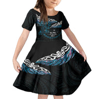 New Zealand Matariki Family Matching Summer Maxi Dress and Hawaiian Shirt Maori New Year Silver Fern And Lizard - Turquosie LT14 Daughter's Dress Turquoise - Polynesian Pride