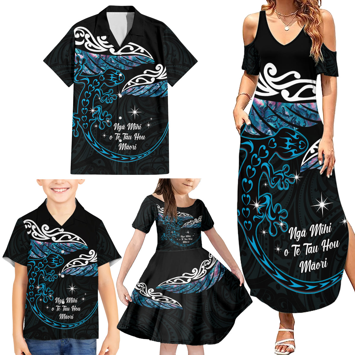 New Zealand Matariki Family Matching Summer Maxi Dress and Hawaiian Shirt Maori New Year Silver Fern And Lizard - Turquosie LT14 - Polynesian Pride