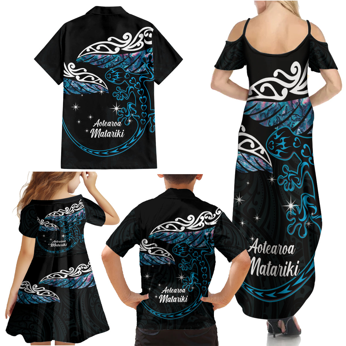 New Zealand Matariki Family Matching Summer Maxi Dress and Hawaiian Shirt Maori New Year Silver Fern And Lizard - Turquosie LT14 - Polynesian Pride