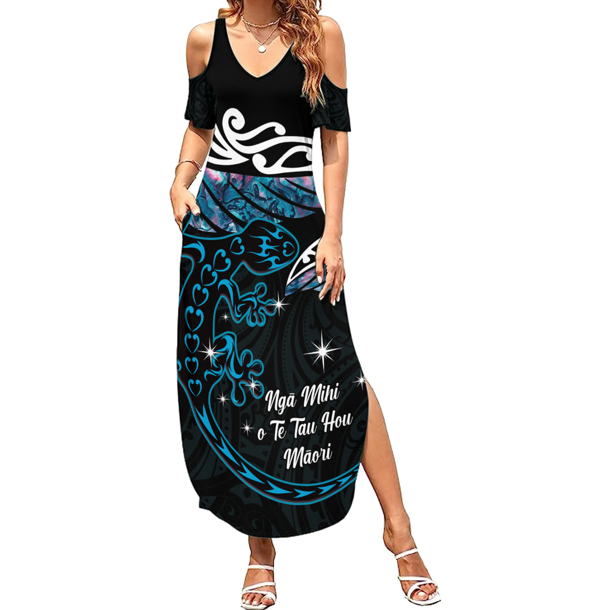 New Zealand Matariki Family Matching Summer Maxi Dress and Hawaiian Shirt Maori New Year Silver Fern And Lizard - Turquosie LT14 Mom's Dress Turquoise - Polynesian Pride