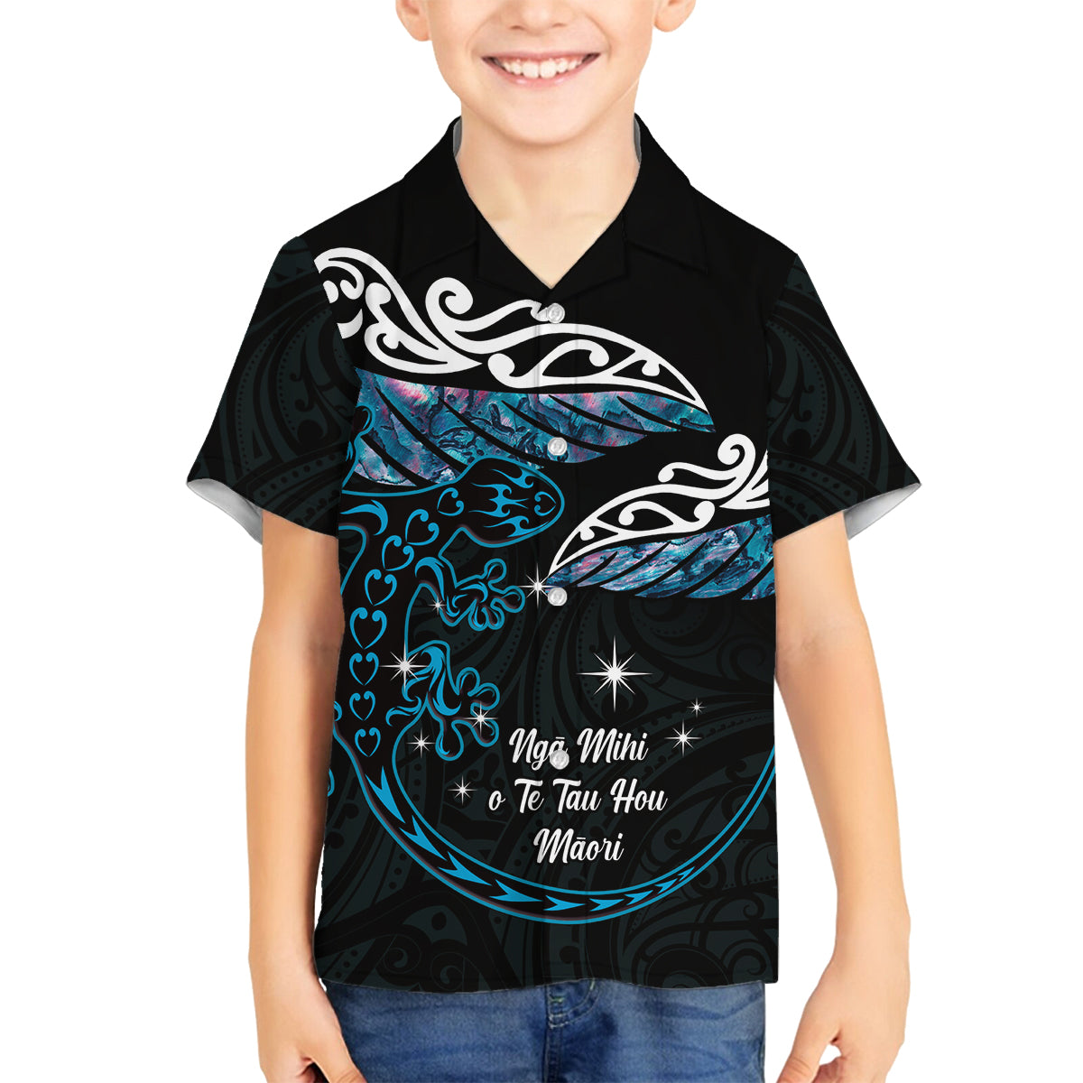 New Zealand Matariki Family Matching Summer Maxi Dress and Hawaiian Shirt Maori New Year Silver Fern And Lizard - Turquosie LT14 Son's Shirt Turquoise - Polynesian Pride