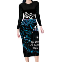 New Zealand Matariki Long Sleeve Bodycon Dress Maori New Year Silver Fern And Lizard - Turquosie LT14 Long Dress Turquoise - Polynesian Pride