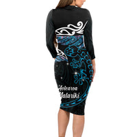 New Zealand Matariki Long Sleeve Bodycon Dress Maori New Year Silver Fern And Lizard - Turquosie LT14 - Polynesian Pride