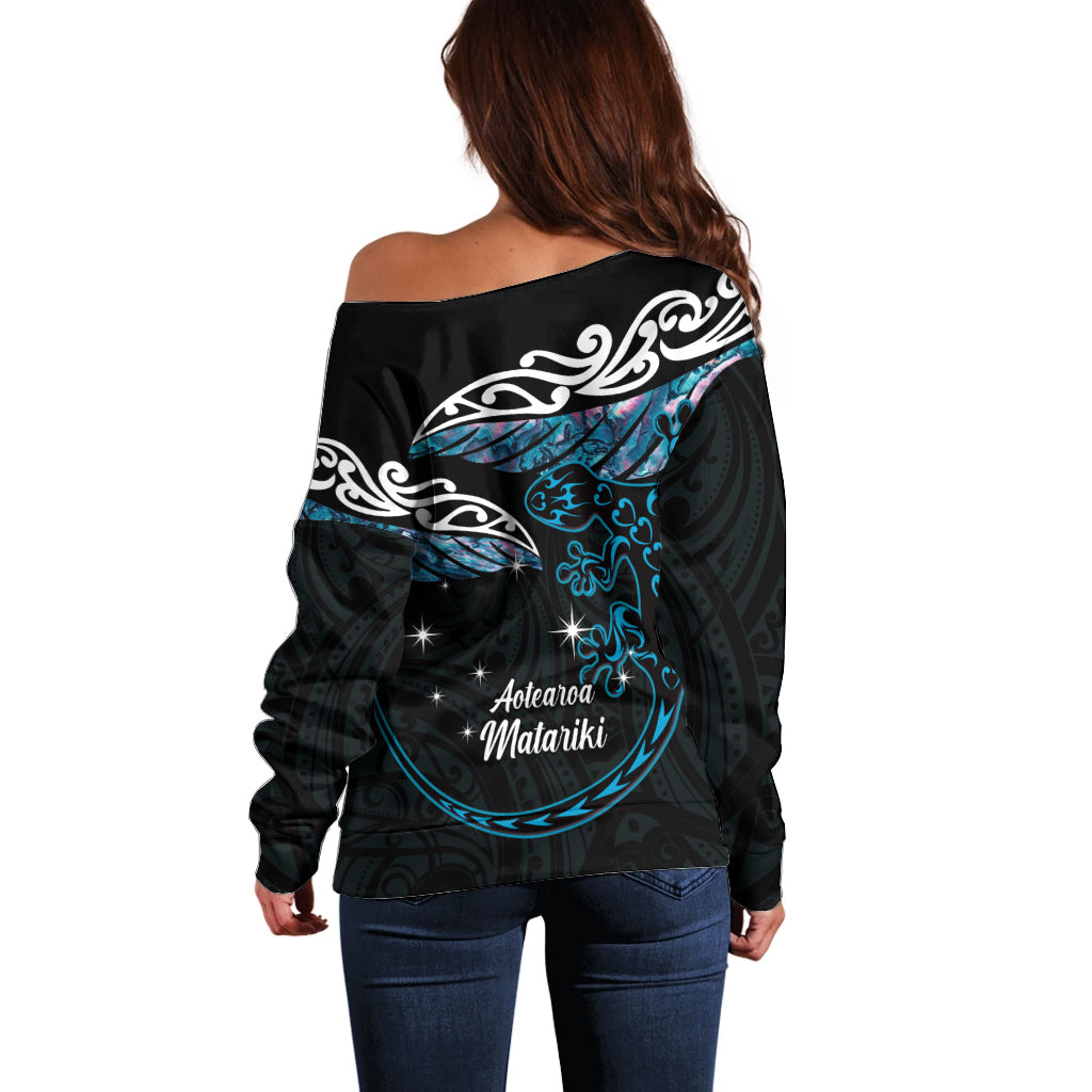 New Zealand Matariki Off Shoulder Sweater Maori New Year Silver Fern And Lizard - Turquosie LT14 - Polynesian Pride