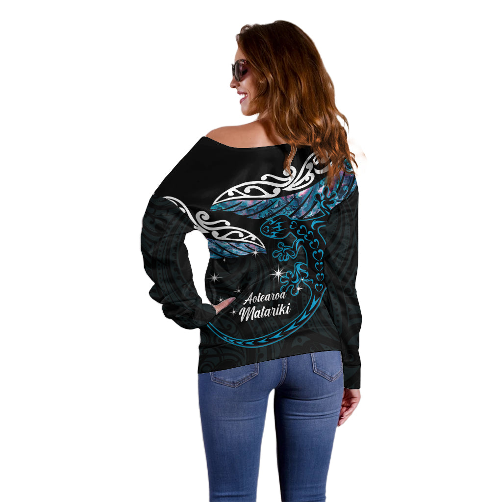 New Zealand Matariki Off Shoulder Sweater Maori New Year Silver Fern And Lizard - Turquosie LT14 - Polynesian Pride