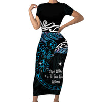 New Zealand Matariki Short Sleeve Bodycon Dress Maori New Year Silver Fern And Lizard - Turquosie LT14 Long Dress Turquoise - Polynesian Pride