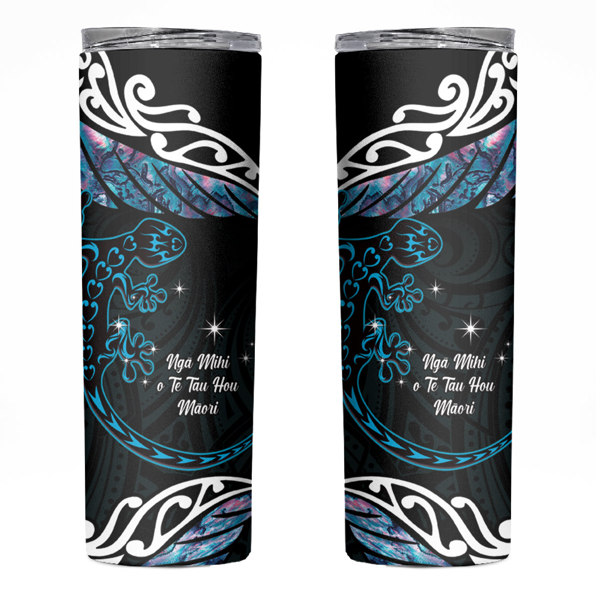 New Zealand Matariki Skinny Tumbler Maori New Year Silver Fern And Lizard - Turquosie