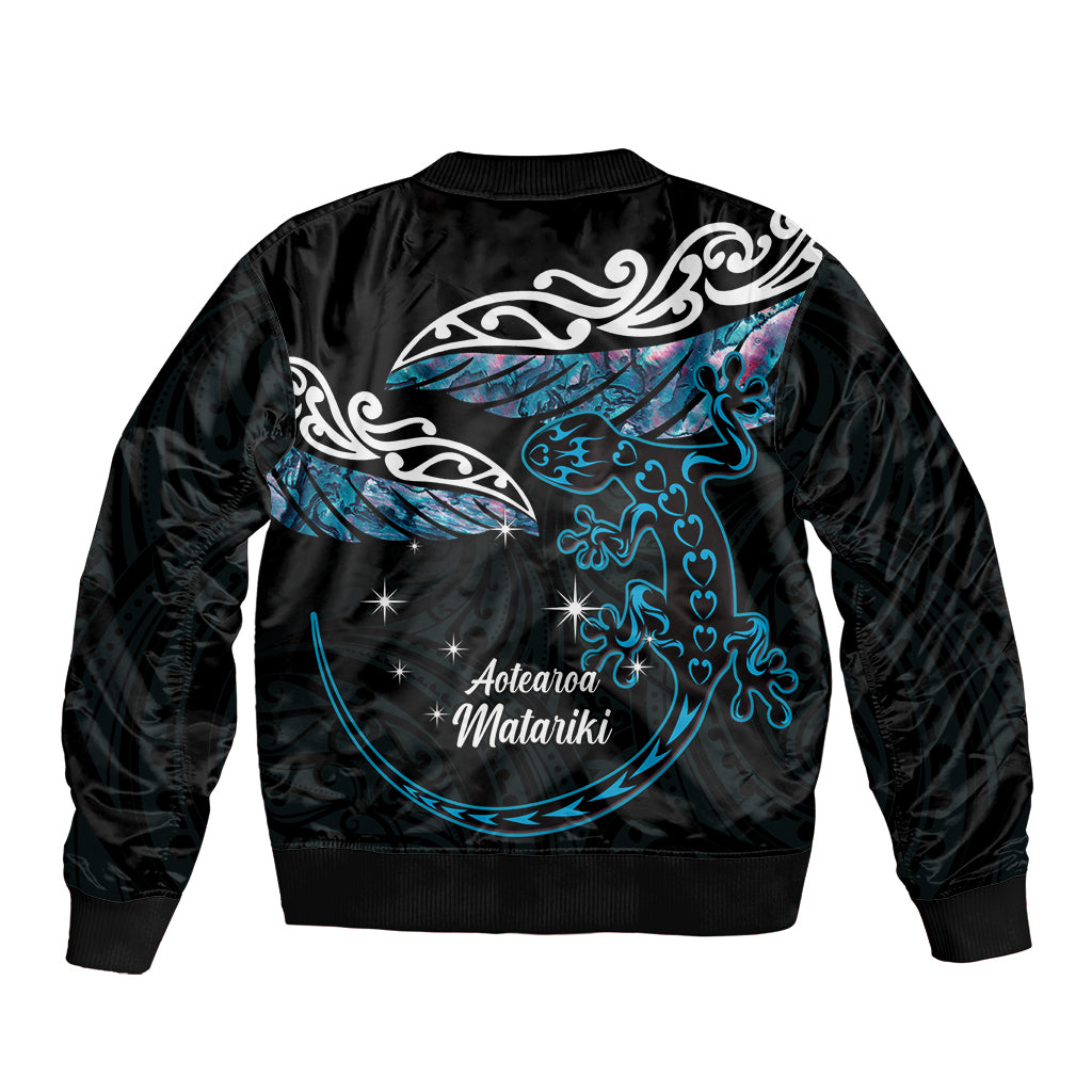 New Zealand Matariki Sleeve Zip Bomber Jacket Maori New Year Silver Fern And Lizard - Turquosie LT14 - Polynesian Pride