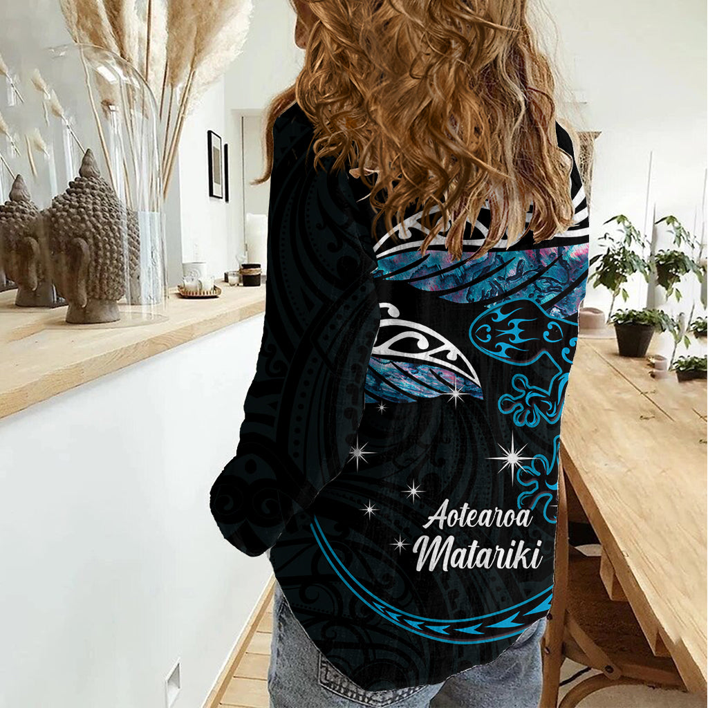 New Zealand Matariki Women Casual Shirt Maori New Year Silver Fern And Lizard - Turquosie LT14 - Polynesian Pride
