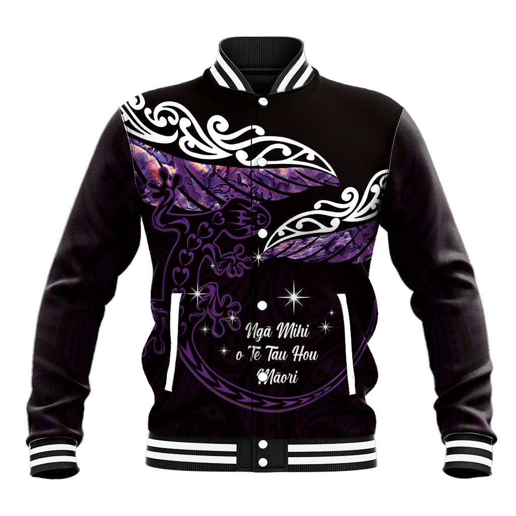 New Zealand Matariki Baseball Jacket Maori New Year Silver Fern And Lizard - Purple LT14 Unisex Purple - Polynesian Pride