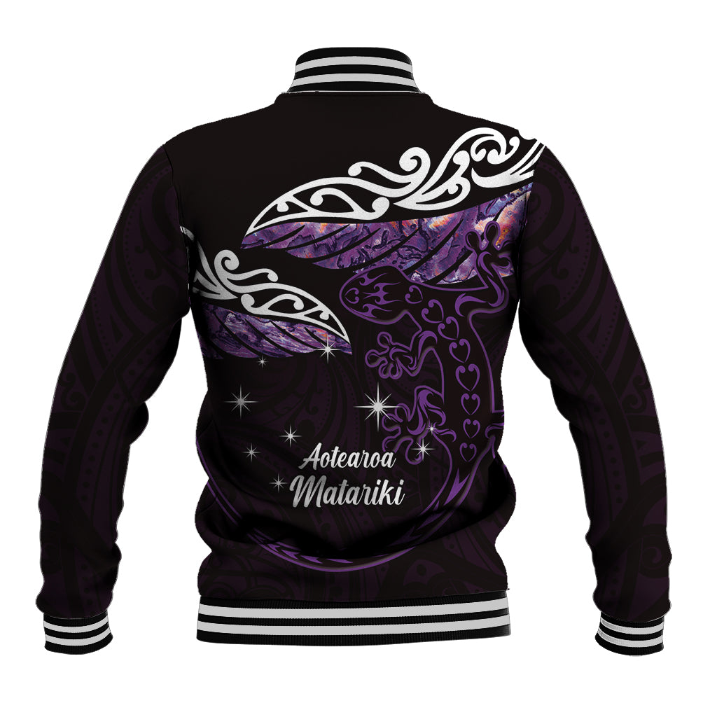 New Zealand Matariki Baseball Jacket Maori New Year Silver Fern And Lizard - Purple LT14 - Polynesian Pride