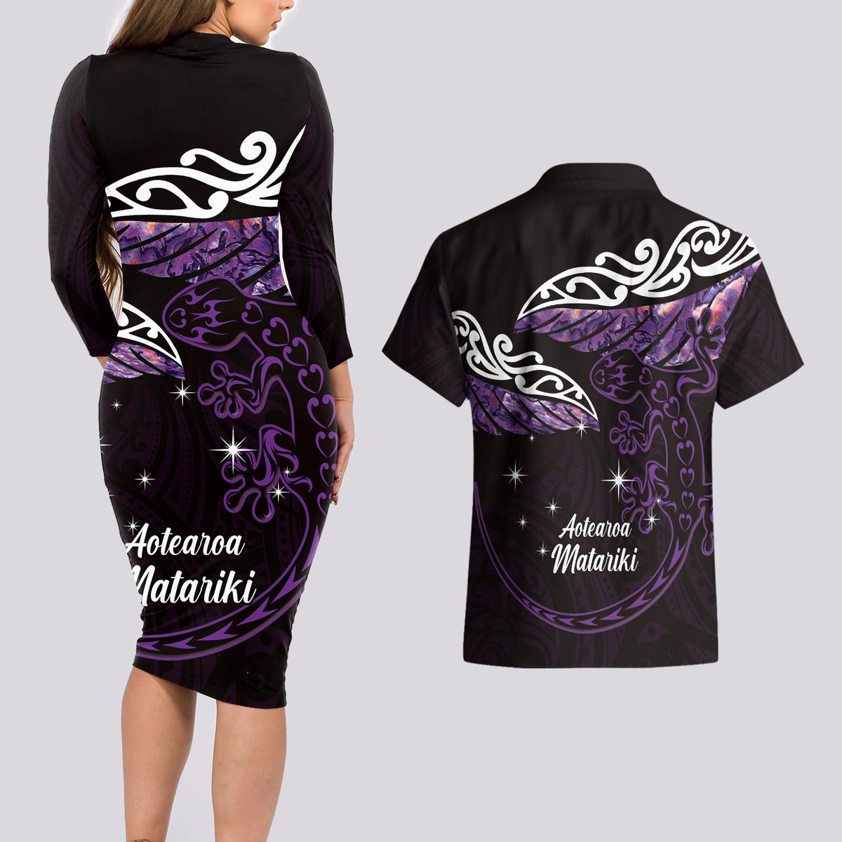 New Zealand Matariki Couples Matching Long Sleeve Bodycon Dress and Hawaiian Shirt Maori New Year Silver Fern And Lizard - Purple LT14 - Polynesian Pride