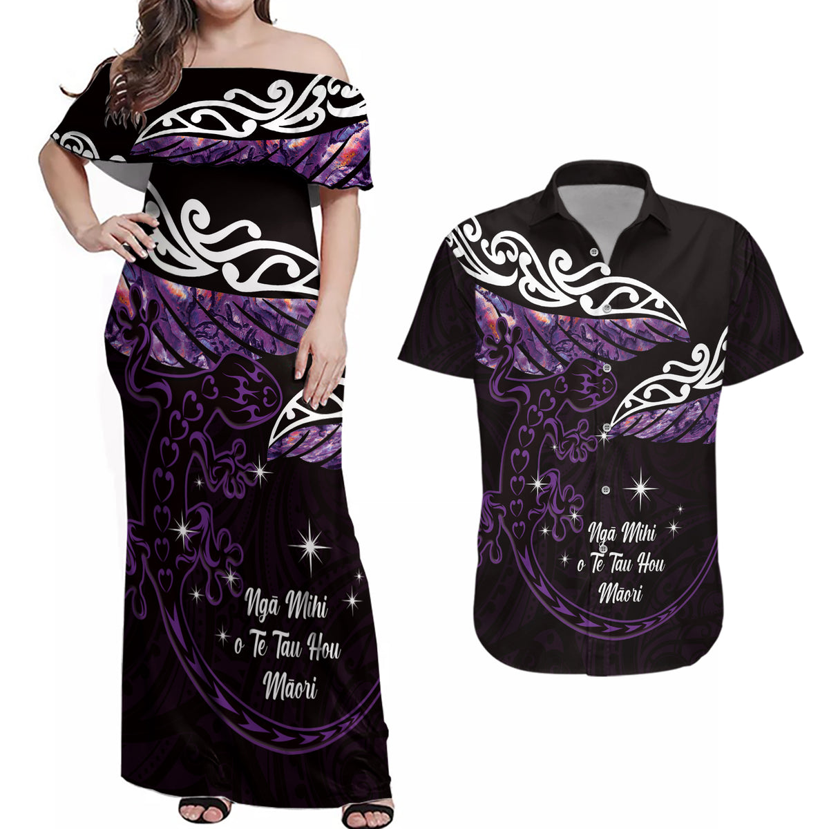 New Zealand Matariki Couples Matching Off Shoulder Maxi Dress and Hawaiian Shirt Maori New Year Silver Fern And Lizard - Purple LT14 Purple - Polynesian Pride