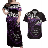 New Zealand Matariki Couples Matching Off Shoulder Maxi Dress and Hawaiian Shirt Maori New Year Silver Fern And Lizard - Purple LT14 Purple - Polynesian Pride