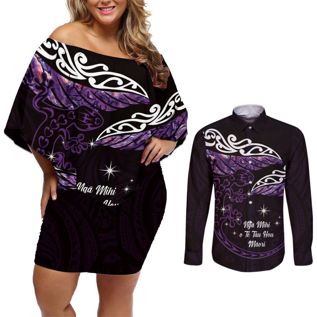 New Zealand Matariki Couples Matching Off Shoulder Short Dress and Long Sleeve Button Shirt Maori New Year Silver Fern And Lizard - Purple LT14 Purple - Polynesian Pride