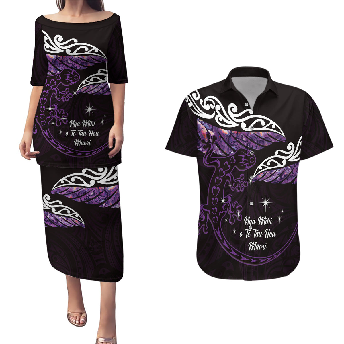 New Zealand Matariki Couples Matching Puletasi and Hawaiian Shirt Maori New Year Silver Fern And Lizard - Purple LT14 Purple - Polynesian Pride