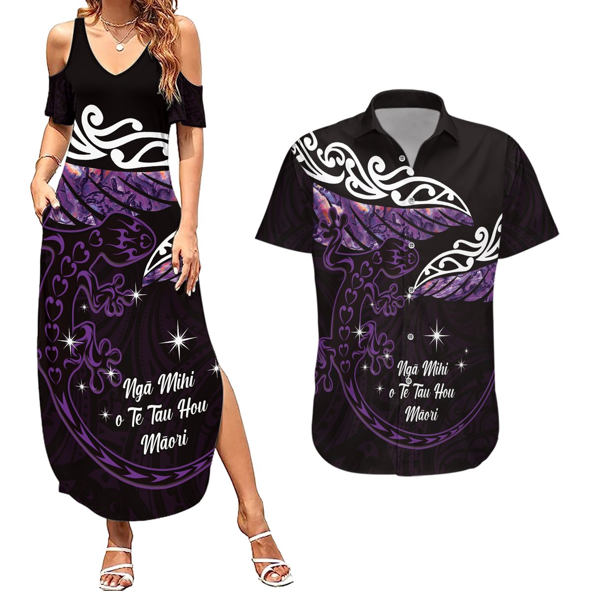 New Zealand Matariki Couples Matching Summer Maxi Dress and Hawaiian Shirt Maori New Year Silver Fern And Lizard - Purple LT14 Purple - Polynesian Pride