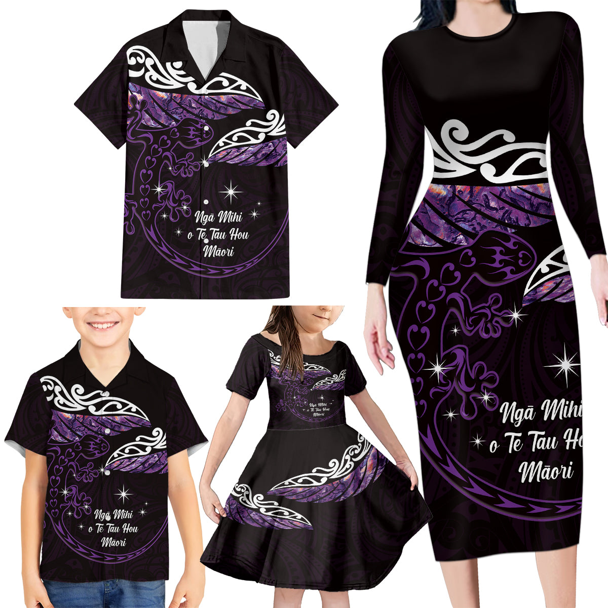 New Zealand Matariki Family Matching Long Sleeve Bodycon Dress and Hawaiian Shirt Maori New Year Silver Fern And Lizard - Purple LT14 - Polynesian Pride