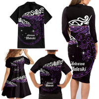 New Zealand Matariki Family Matching Long Sleeve Bodycon Dress and Hawaiian Shirt Maori New Year Silver Fern And Lizard - Purple LT14 - Polynesian Pride