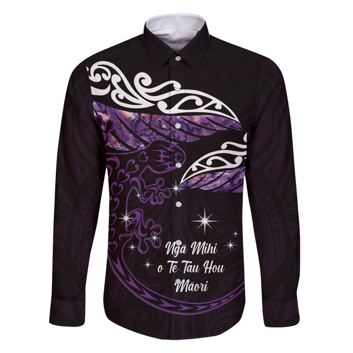 New Zealand Matariki Family Matching Long Sleeve Bodycon Dress and Hawaiian Shirt Maori New Year Silver Fern And Lizard - Purple LT14 Dad's Shirt - Long Sleeve Purple - Polynesian Pride