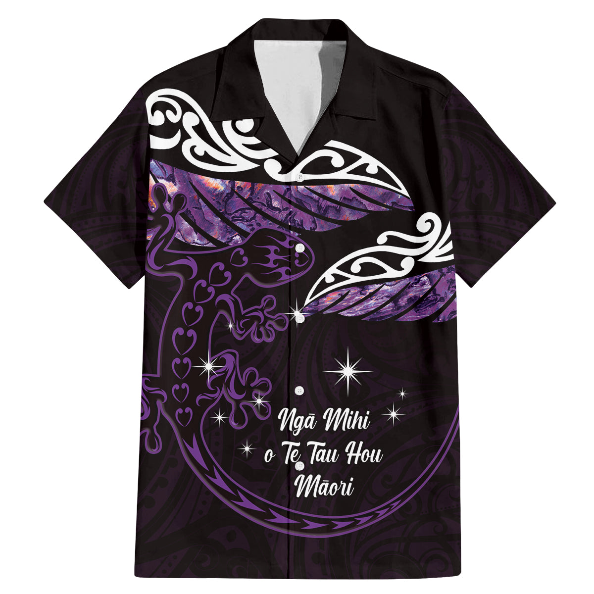 New Zealand Matariki Family Matching Mermaid Dress and Hawaiian Shirt Maori New Year Silver Fern And Lizard - Purple LT14 Dad's Shirt - Short Sleeve Purple - Polynesian Pride