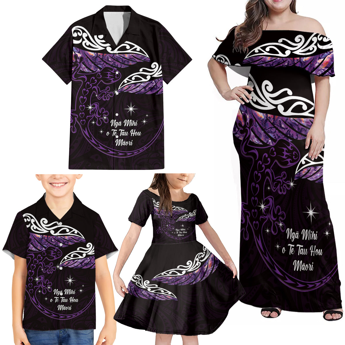 New Zealand Matariki Family Matching Off Shoulder Maxi Dress and Hawaiian Shirt Maori New Year Silver Fern And Lizard - Purple LT14 - Polynesian Pride