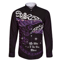 New Zealand Matariki Family Matching Off Shoulder Maxi Dress and Hawaiian Shirt Maori New Year Silver Fern And Lizard - Purple LT14 Dad's Shirt - Long Sleeve Purple - Polynesian Pride