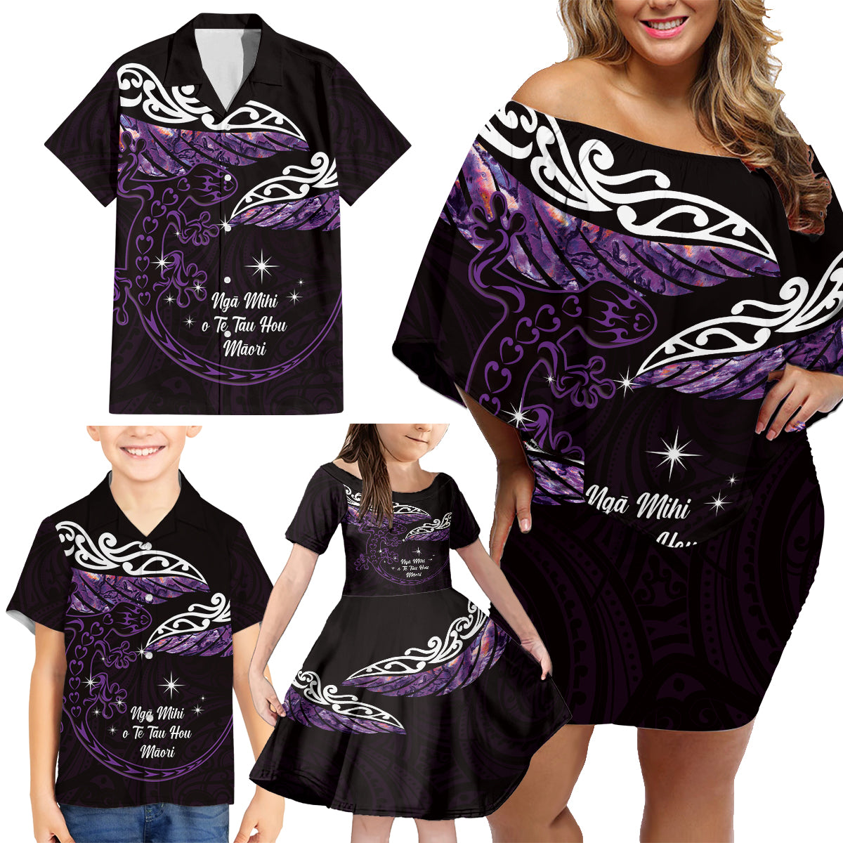 New Zealand Matariki Family Matching Off Shoulder Short Dress and Hawaiian Shirt Maori New Year Silver Fern And Lizard - Purple LT14 - Polynesian Pride