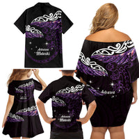 New Zealand Matariki Family Matching Off Shoulder Short Dress and Hawaiian Shirt Maori New Year Silver Fern And Lizard - Purple LT14 - Polynesian Pride