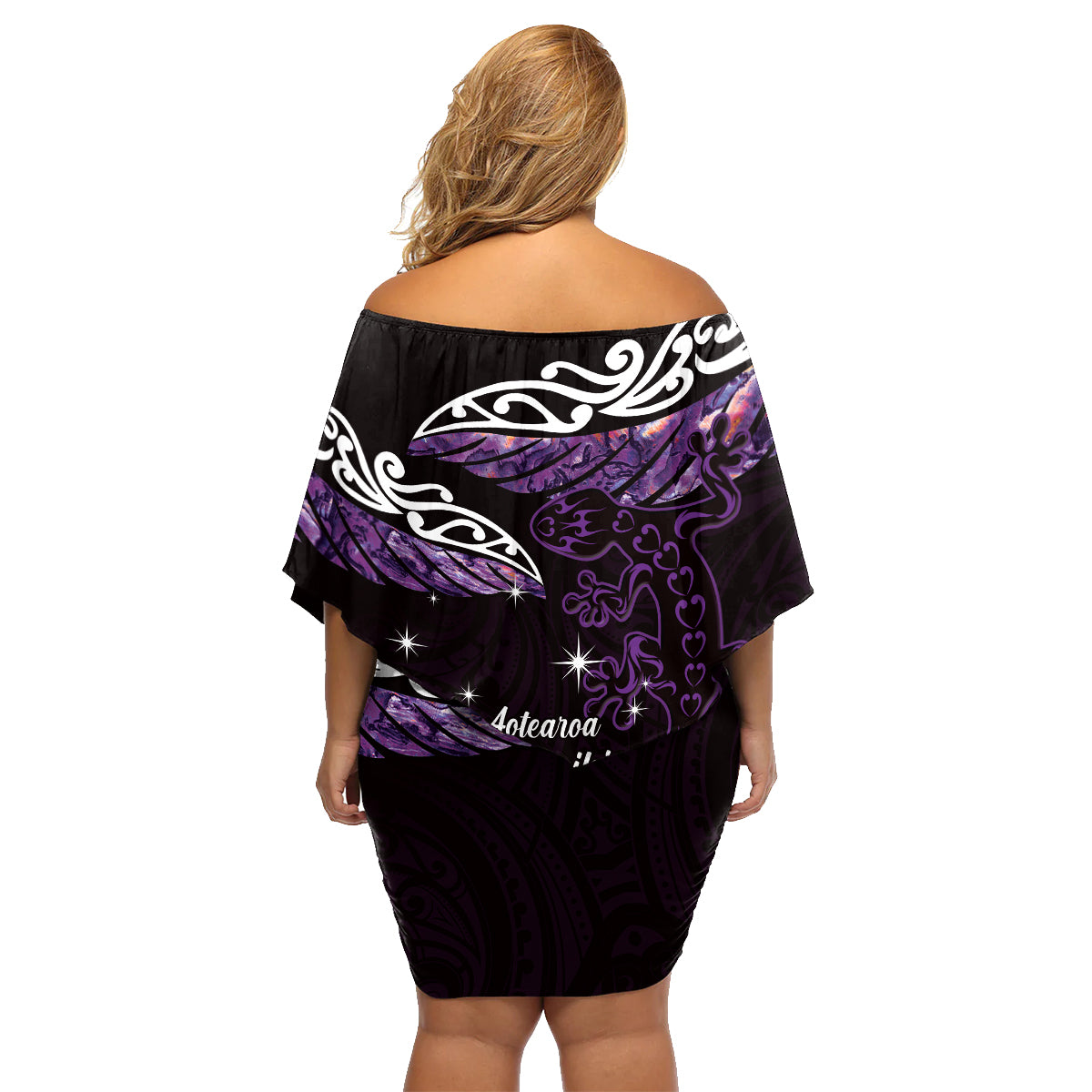 New Zealand Matariki Family Matching Off Shoulder Short Dress and Hawaiian Shirt Maori New Year Silver Fern And Lizard - Purple LT14 - Polynesian Pride