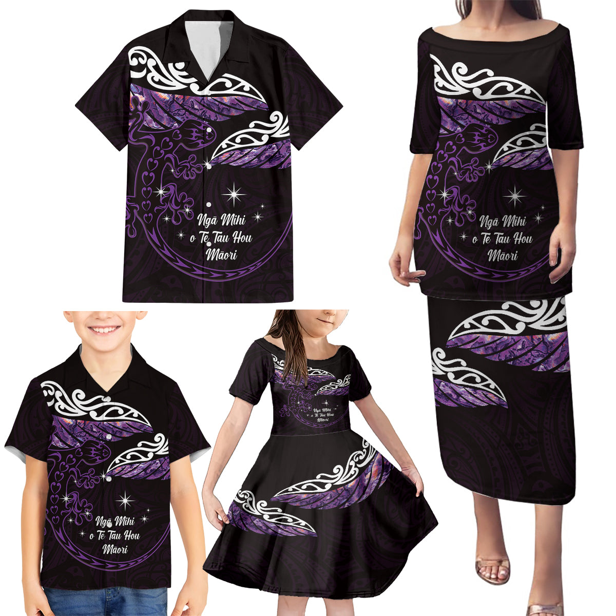 New Zealand Matariki Family Matching Puletasi and Hawaiian Shirt Maori New Year Silver Fern And Lizard - Purple LT14 - Polynesian Pride