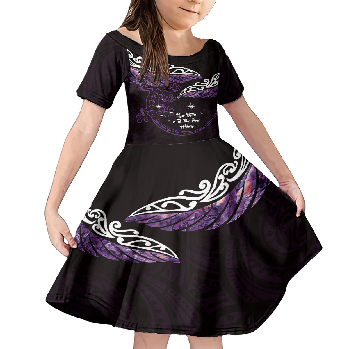 New Zealand Matariki Family Matching Summer Maxi Dress and Hawaiian Shirt Maori New Year Silver Fern And Lizard - Purple LT14 Daughter's Dress Purple - Polynesian Pride