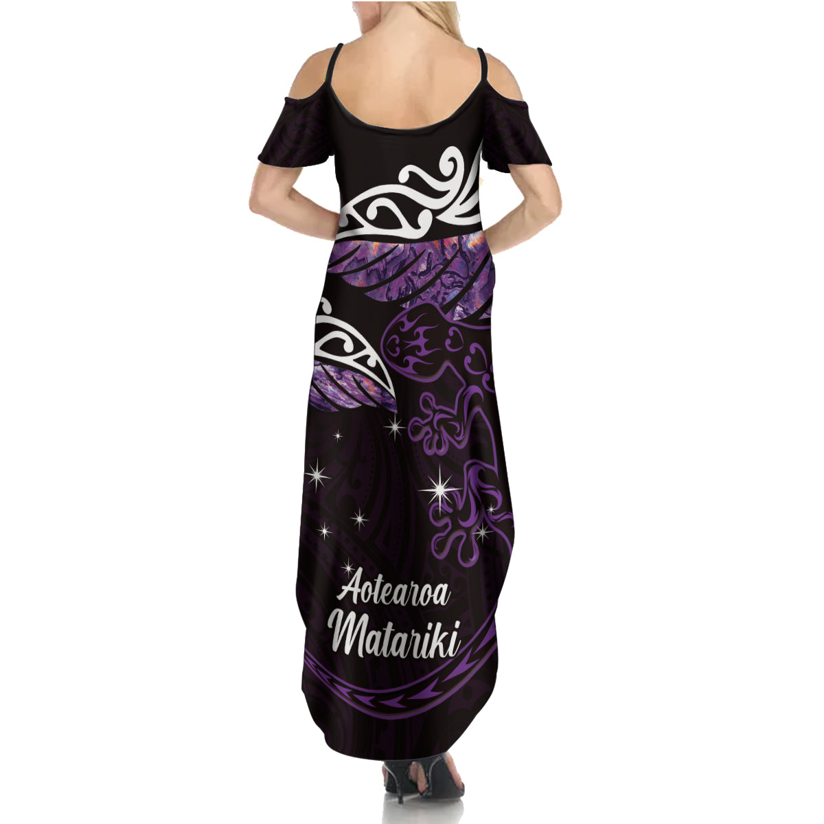 New Zealand Matariki Family Matching Summer Maxi Dress and Hawaiian Shirt Maori New Year Silver Fern And Lizard - Purple LT14 - Polynesian Pride