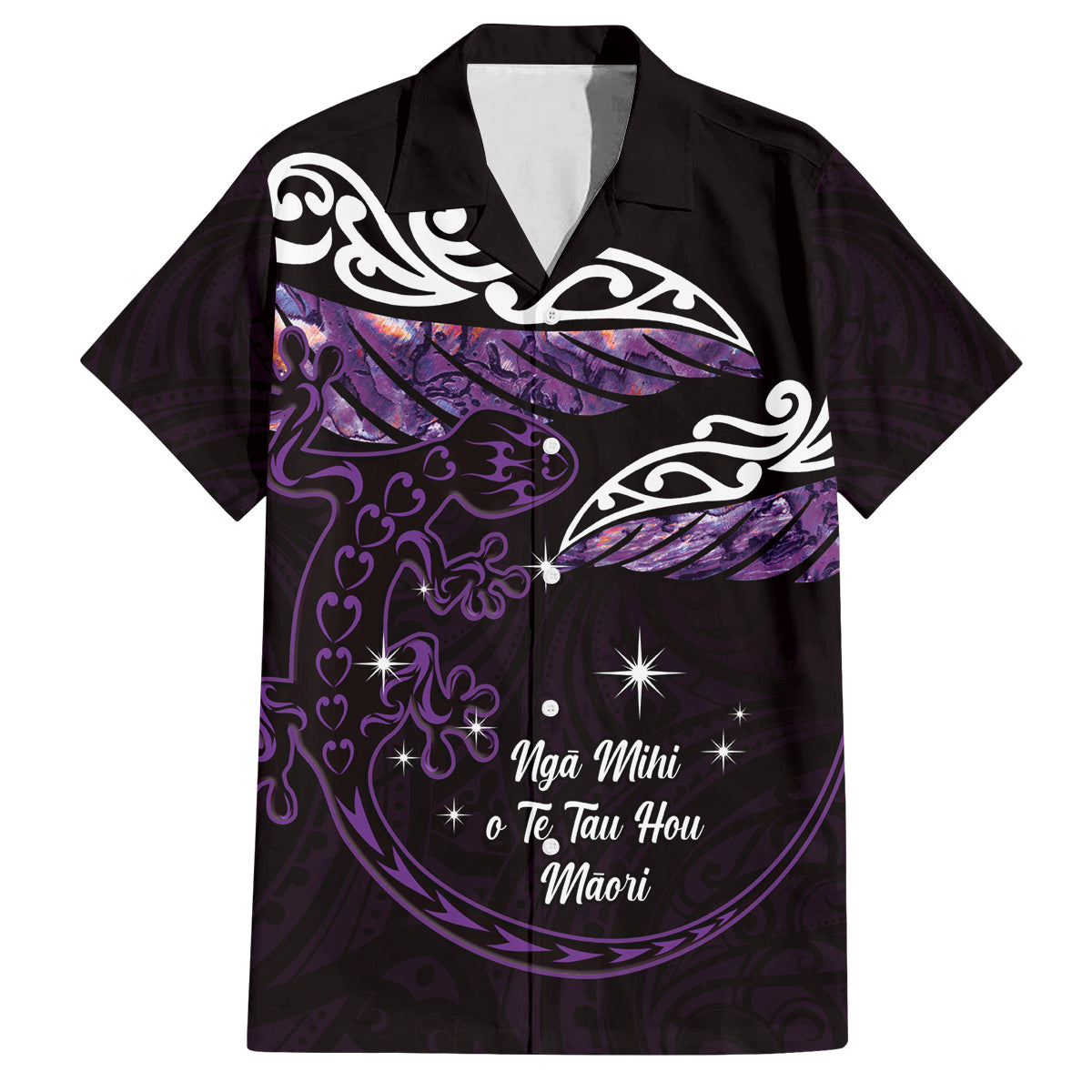 New Zealand Matariki Family Matching Tank Maxi Dress and Hawaiian Shirt Maori New Year Silver Fern And Lizard - Purple LT14 Dad's Shirt - Short Sleeve Purple - Polynesian Pride