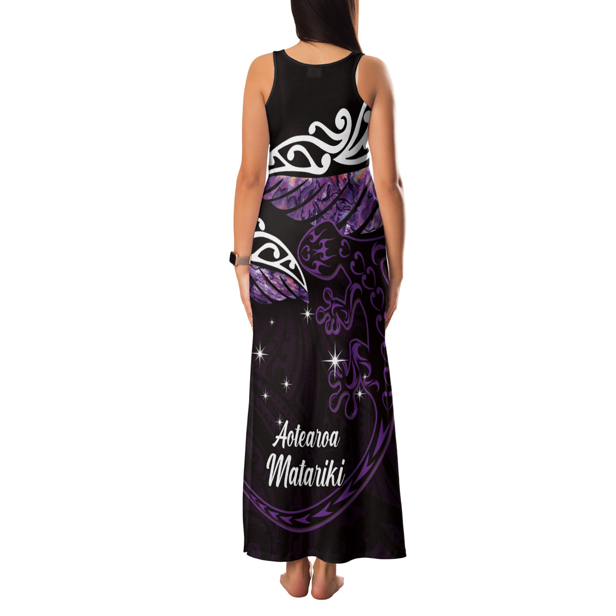 New Zealand Matariki Family Matching Tank Maxi Dress and Hawaiian Shirt Maori New Year Silver Fern And Lizard - Purple LT14 - Polynesian Pride