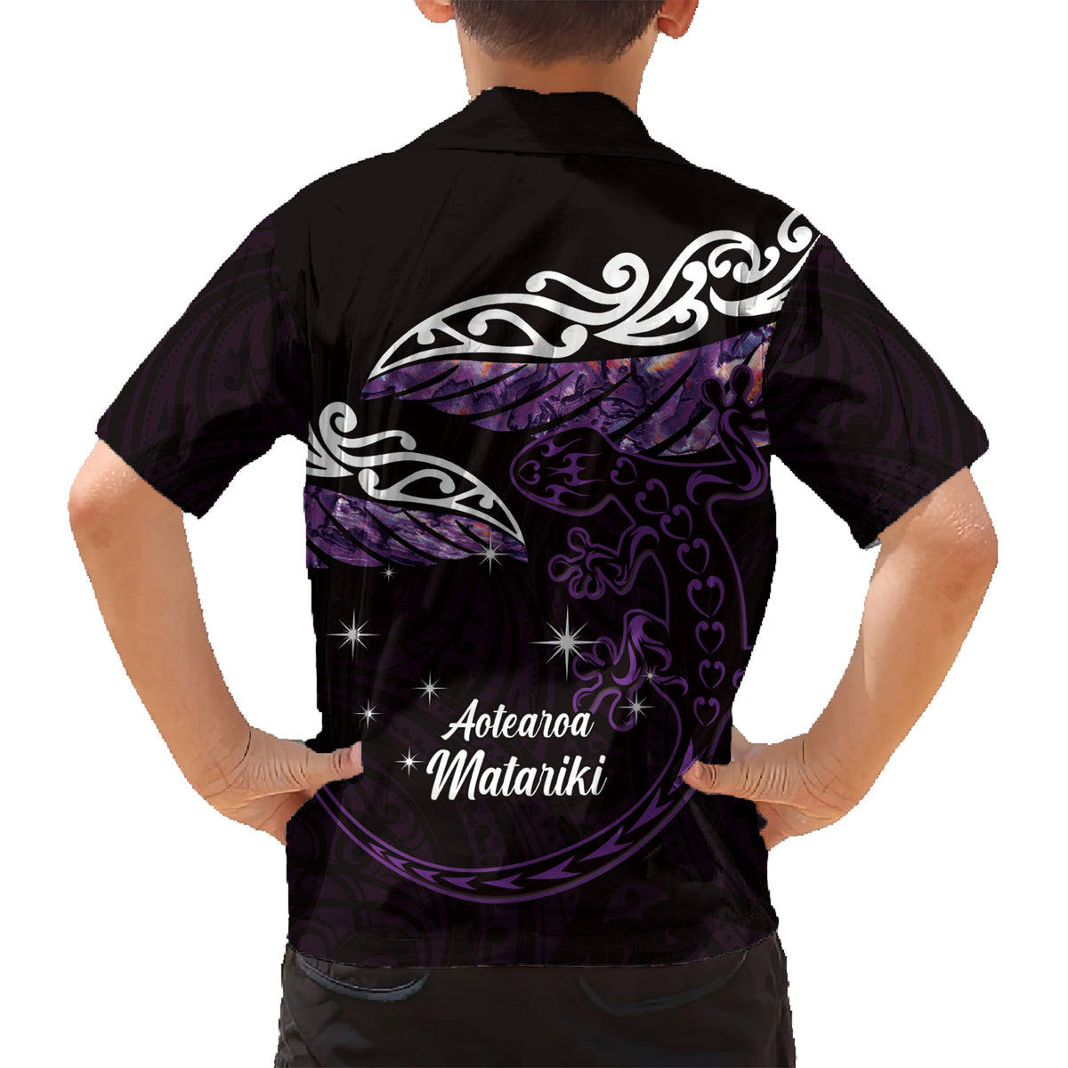New Zealand Matariki Kid Hawaiian Shirt Maori New Year Silver Fern And Lizard - Purple