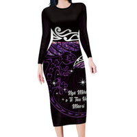 New Zealand Matariki Long Sleeve Bodycon Dress Maori New Year Silver Fern And Lizard - Purple LT14 Long Dress Purple - Polynesian Pride