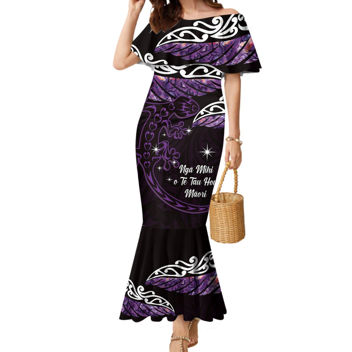 New Zealand Matariki Mermaid Dress Maori New Year Silver Fern And Lizard - Purple LT14 Women Purple - Polynesian Pride