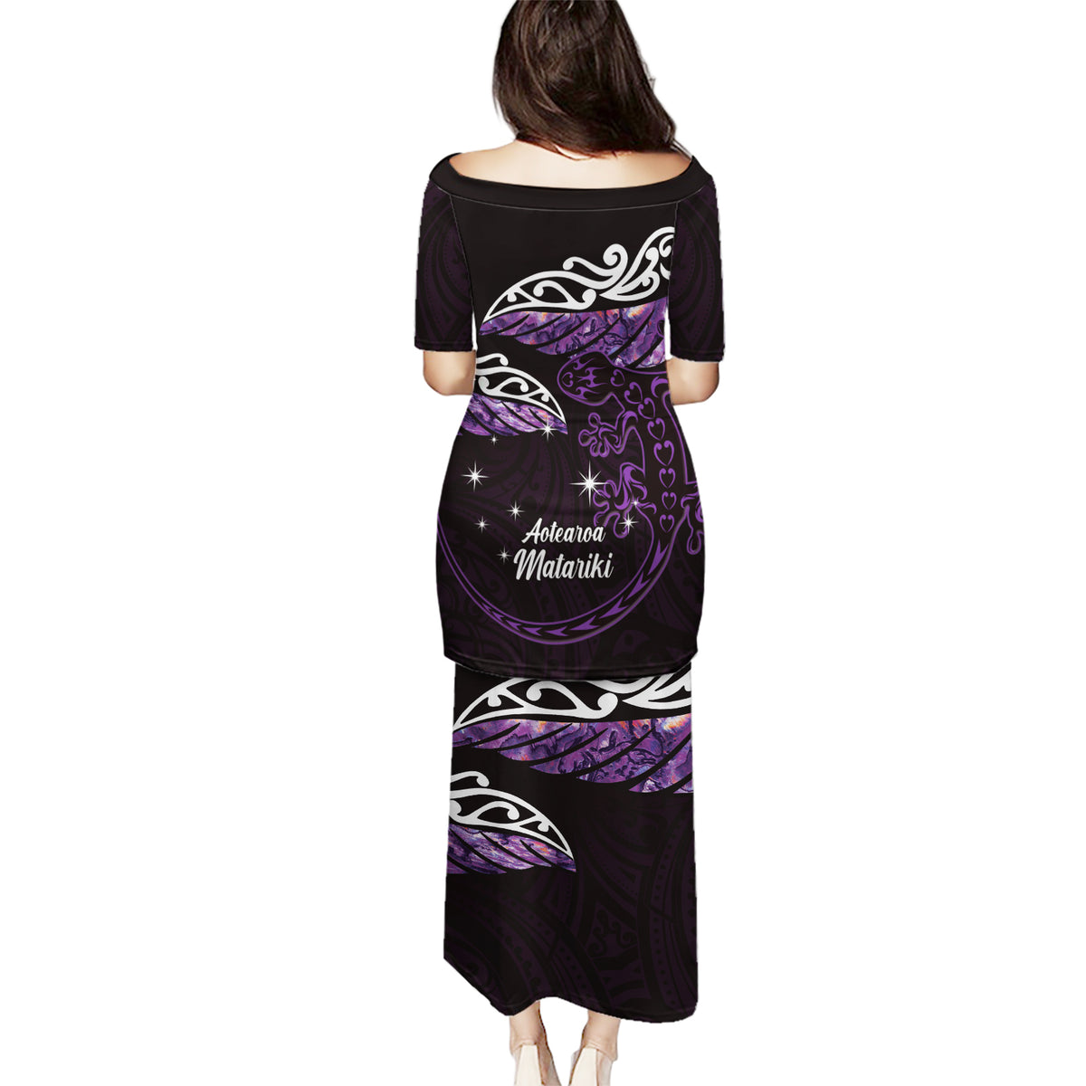 New Zealand Matariki Puletasi Maori New Year Silver Fern And Lizard - Purple LT14 - Polynesian Pride