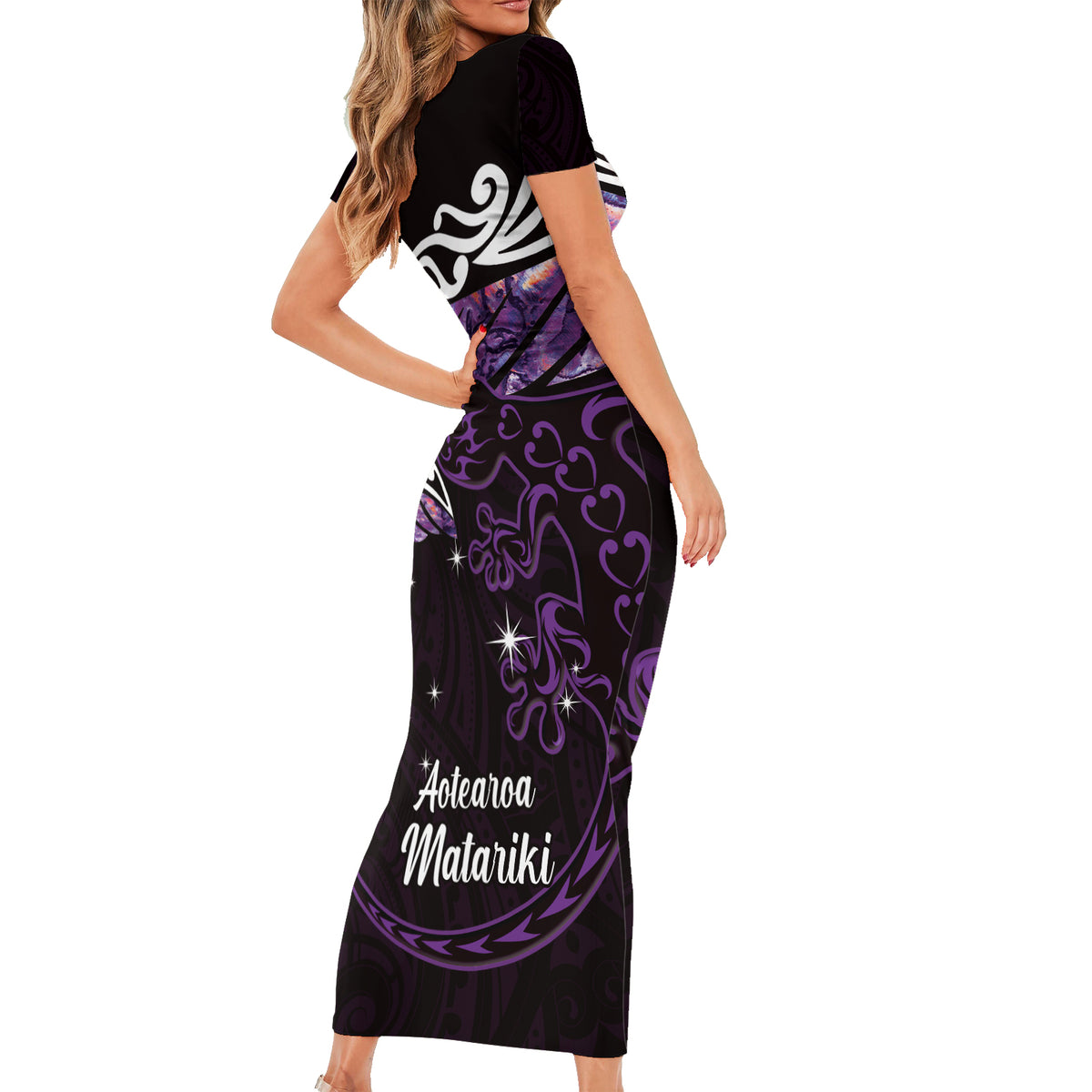 New Zealand Matariki Short Sleeve Bodycon Dress Maori New Year Silver Fern And Lizard - Purple LT14 - Polynesian Pride