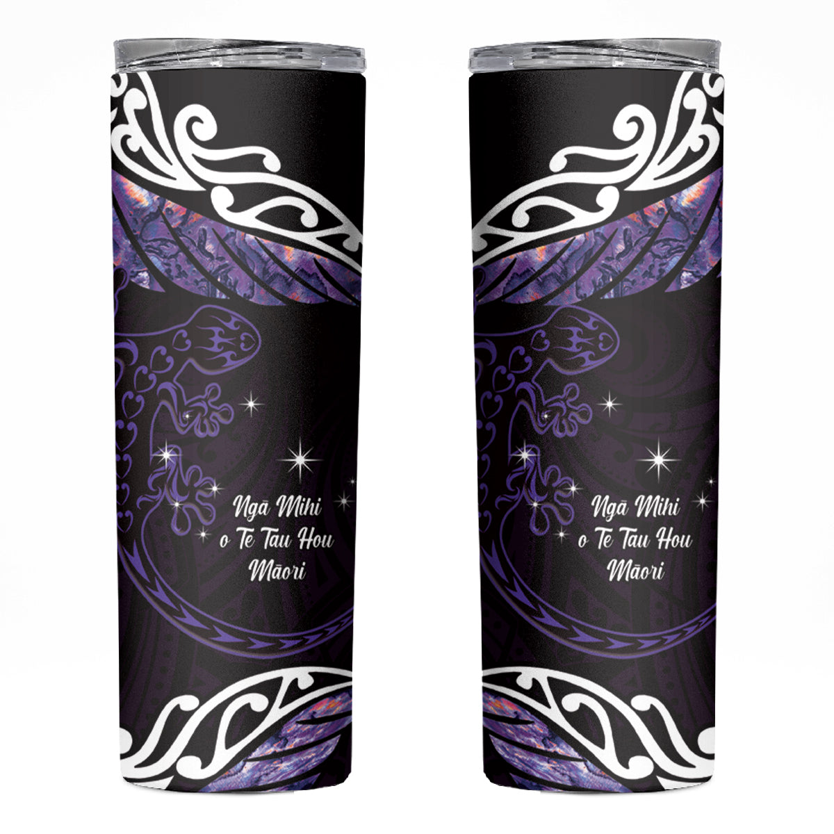 New Zealand Matariki Skinny Tumbler Maori New Year Silver Fern And Lizard - Purple